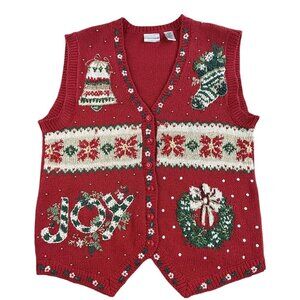 Fashion Bug Sweater Vest Womens 14/16 Red Christmas Beaded JOY Wreath Stocking